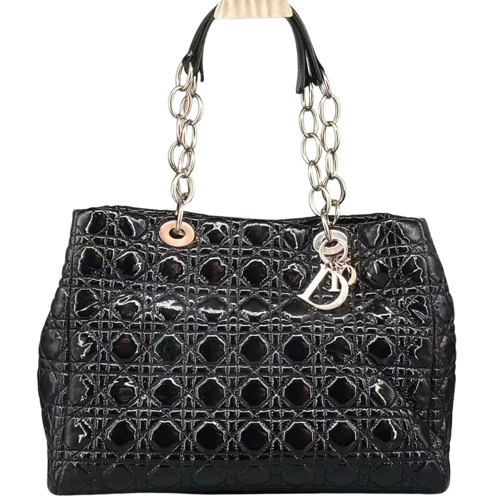 Dior 2012 Black Cannage Quilted Patent Leather Soft Medium Shopping Tote Bag